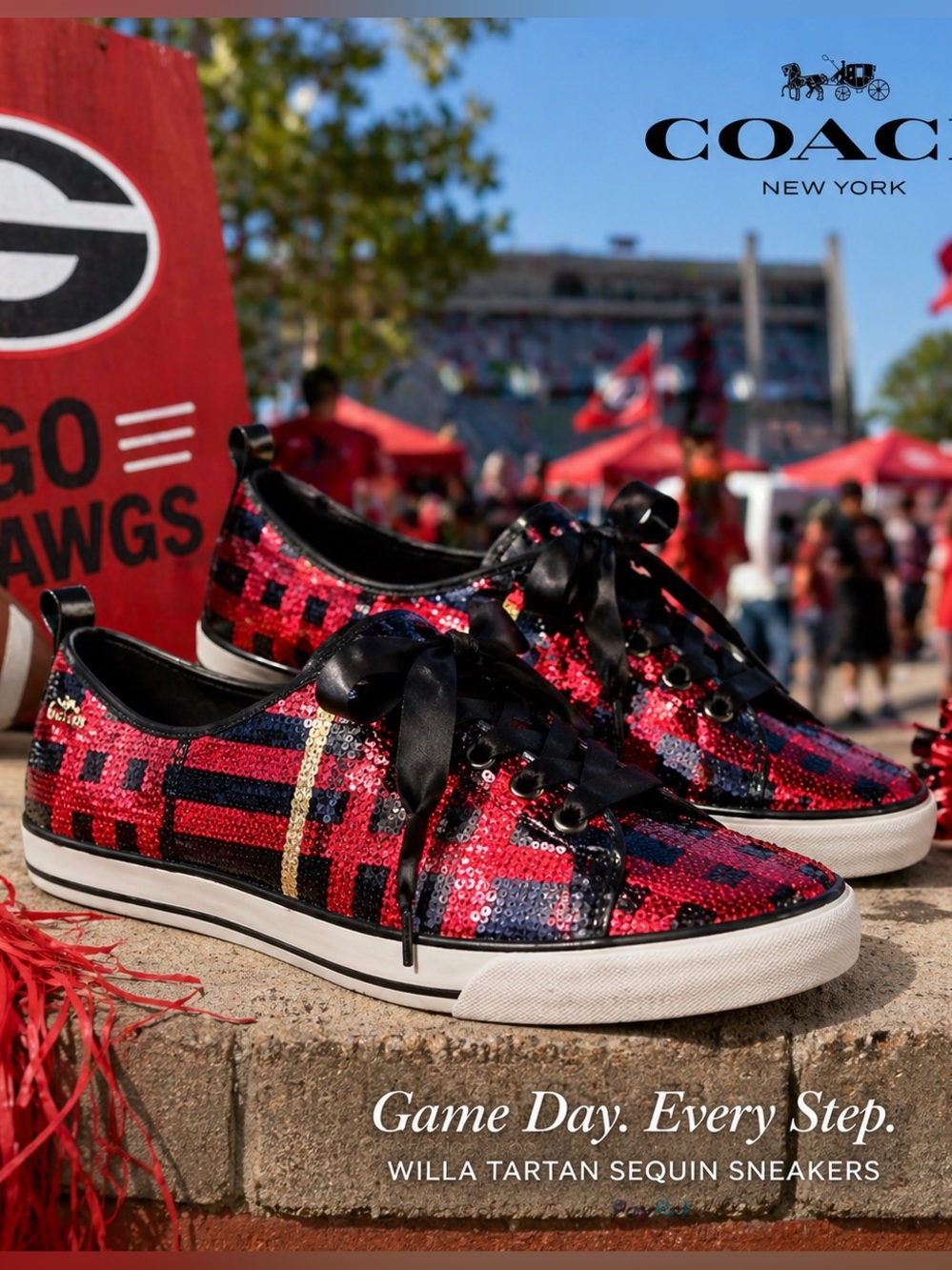 Coach,Willa Tartan Sequined 
Sneakers,UGA Bulldog Bling,Black/Red, EUC,Size 7B